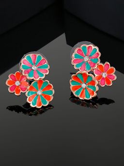 Estele - Rose Gold Plated Floral Designer Multi-Colour Enamel Stud Earrings For Girls & Women