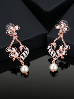 Estele - Rose Gold Plated Peacock Designer Drop Earrings with White Kundan For Girls & Women
