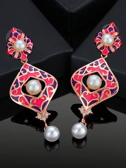 Estele - Rose Gold Plated Beautiful Pearl Drop Earrings with Pink Enamel For Girls & Women