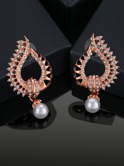 Estele - Rose Gold Plated Stunning Drop Earrings with White Crystal & Pearl For Girl & Women