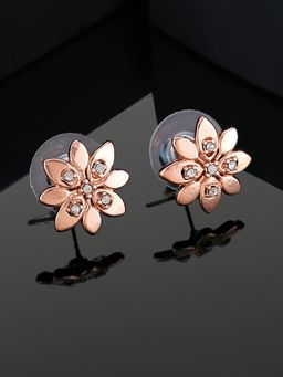 Estele - Rose Gold Plated Flower Shaped Stud Earrings with White Crystals For Girls & Women