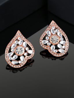 Estele - Rose Gold Plated Leaf Shaped Stud Earrings with Kundan for Women