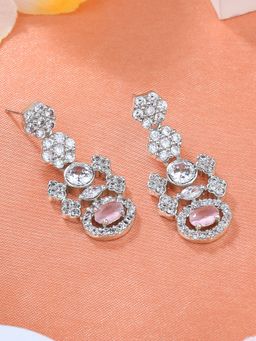 Estele - Rhodium Plated Sparkling Drop Earrings with Mint Pink Stones for Girls & Women