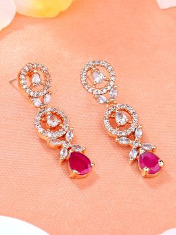 Estele - Rose Gold Plated CZ Circular Designer Drop Earrings with Ruby Stones for Women