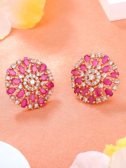 Estele - Rose Gold Plated CZ Flower Designer Stud Earrings with Ruby Stones For Girl & Women
