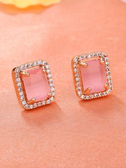 Estele - Rose Gold Plated CZ Square Designer Stud Earrings with Mint Pink Stones for Women