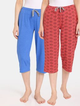Zivame - Rosaline Rural Charm Knit Cotton Capri - Red Blue (Pack of 2)