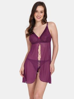 Zivame - Primrose Lace Babydoll With Thong - Dark Purple