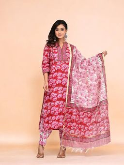 Aravalii - Red Hand Block Print Kurta with Pant and Dupatta (Set of 3)