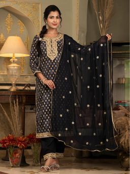 Aravalii - Navy Blue Muslin Silk Zari Work Kurta with Pant and Dupatta (Set of 3)