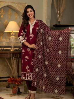 Aravalii - Maroon Muslin Embroidery, Zari Work Kurta with Pant and Dupatta (Set of 3)