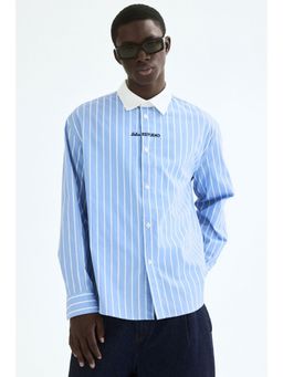 H&M - Men Blue Relaxed Fit Embroidered-Motif Cotton Shirt
