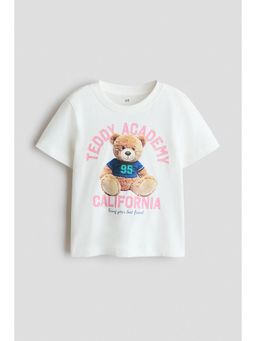 H&M - Girls White Print-Motif Cotton T-Shirt