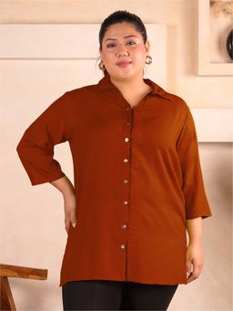 Indietoga Plus Size - Indietoga Women's Plus Size Rust Brown Solid Rayon Longline Shirt