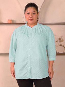 Indietoga Plus Size - Indietoga's Plus Size Blue Cotton Chikankari Embroidered Longline Shirt with Lining
