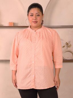 Indietoga Plus Size - Indietoga's Plus Size Peach Cotton Chikankari Embroidered Longline Shirt with Lining