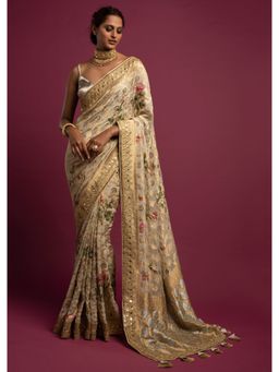 KALKI FASHION - Sand Beige Banarasi Saree Weaved Floral Jaal All Over with Unstitched Blouse