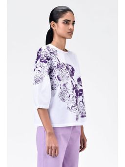 Genes Lecoanet Hemant - Women'S Orchid Print Straight Fit Cotton Poplin Top-White