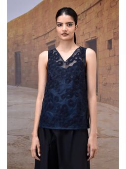 Genes Lecoanet Hemant - Navy Embroidered Organza V-Neck Sleeveless Top