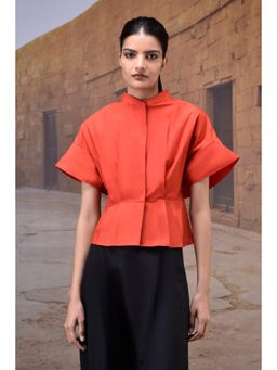 Genes Lecoanet Hemant - Coquelicot Red Giza Cotton Top With Structured Sleeves