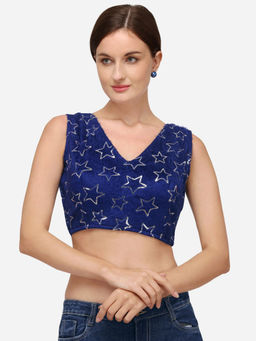 Amrutam Fab - Womens Sequences Navy Blue Silk Stiched Blouse With V Neck