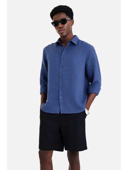 Snitch - Men Navy Blue Textured Full Sleeves Regular Fit Shirt