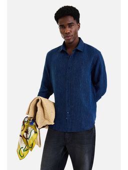 Snitch - Men Navy Blue Stripes Full Sleeves Casual Shirt