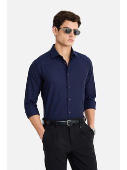 Snitch - Men Navy Blue Textured Full Sleeves Slim Fit Shirt