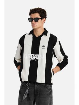 Snitch - Men Black-White Stripes Full Sleeves Oversized Polo T-shirt