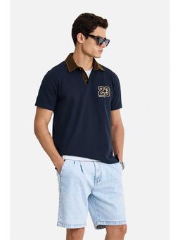 Snitch - Men Navy Blue Typography Half Sleeves Polo T-shirt