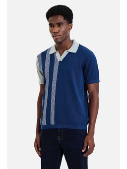 Snitch - Men Navy Blue Stripes Half Sleeves Polo T-shirt