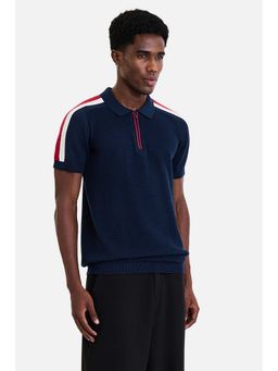 Snitch - Men Navy Blue Textured Half Sleeves Polo T-shirt