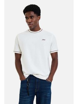 Snitch - Men Off White Textured Half Sleeves T-shirt
