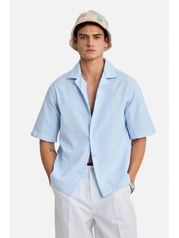 Snitch - Men Light Blue Textured Half Sleeves Oversized Shirt