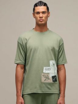 Mufti - Men Muted Sage Green Embroidered T-shirt