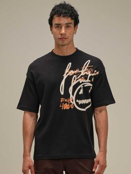 Mufti - Men Jet Black Typography Printed T-shirt