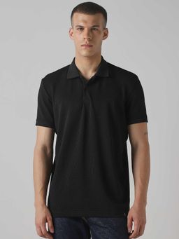 Mufti - Men Jet Black Textured Polo T-shirt