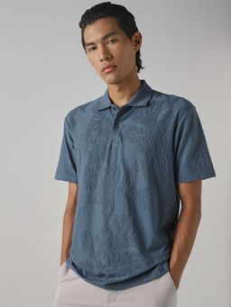Mufti - Men Blue Self Design Polo T-shirt
