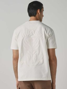 Mufti - Men Off White Self Design T-shirt