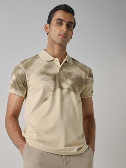 Mufti - Men Beige Abstract Printed Polo T-shirt