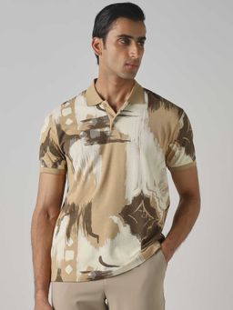 Mufti - Men Beige Abstract Printed Polo T-shirt