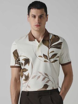 Mufti - Men Off White Floral Printed Polo T-shirt
