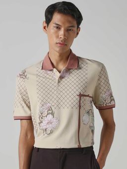 Mufti - Men Beige Floral Printed Polo T-shirt