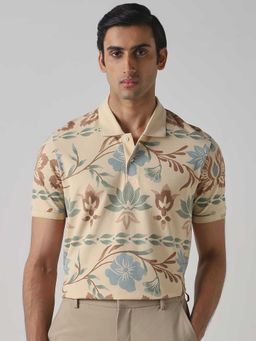 Mufti - Men Soft Beige Floral Printed Polo T-shirt