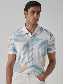 Mufti - Men White-Blue Floral Printed Polo T-shirt