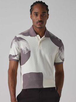 Mufti - Men Off White-Mauve Textured Printed Polo T-shirt