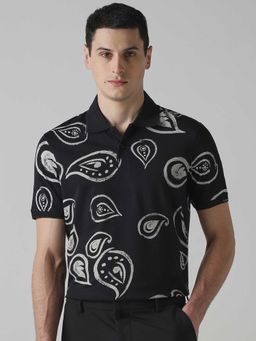 Mufti - Men Jet Black Paisley Printed Polo T-shirt