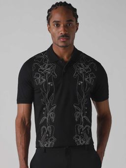 Mufti - Men Jet Black Embroidered Polo T-shirt