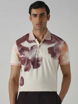 Mufti - Men Pale Off White-Wine Abstract Printed Polo T-shirt
