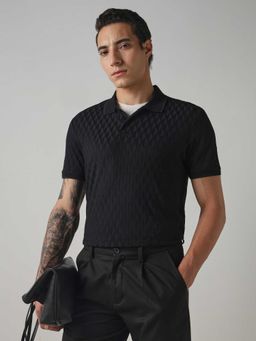 Mufti - Men Jet Black Textured Polo T-shirt